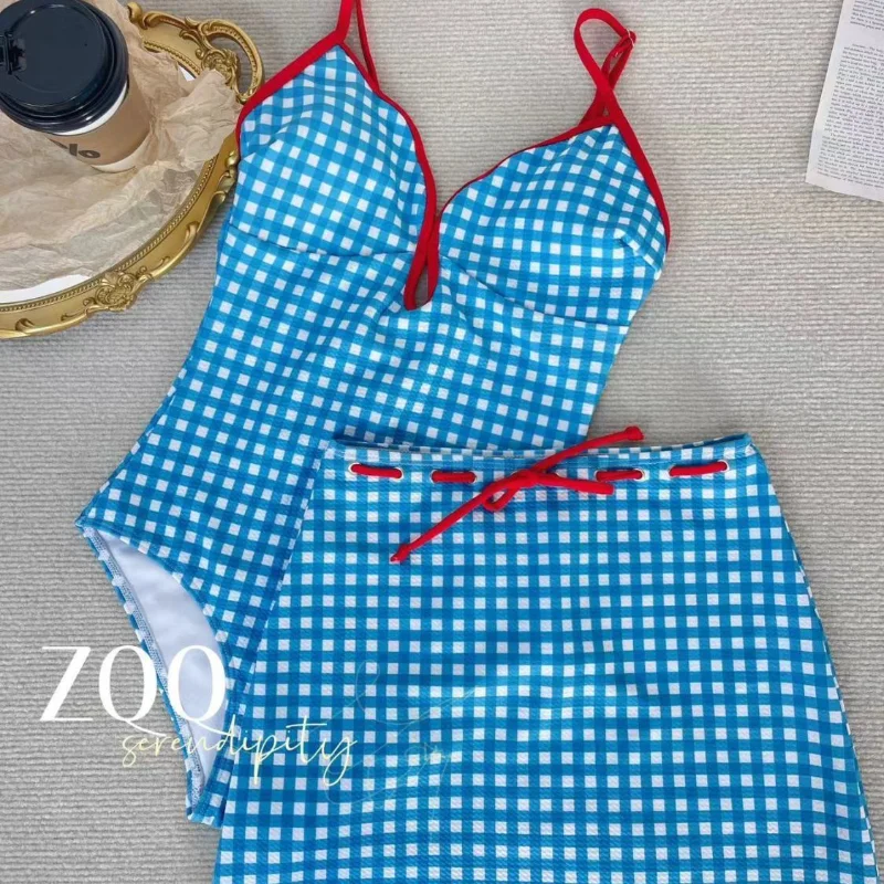 Корейская мода ретро клетчатый цельный купальник для женщин с юбкой тип высокой