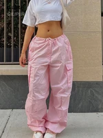 pink cargo pants women streetwear fashion female clothing casual pants pocket y2k low waist aesthetics solid straight trousers