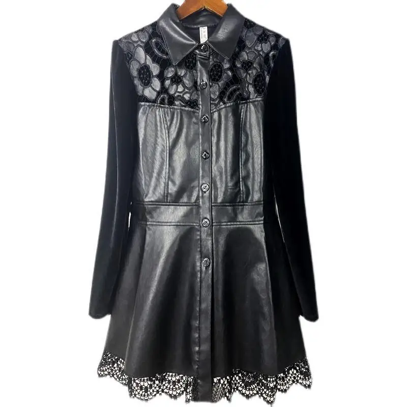 Leather coat 2023 new women's long PU stitching waist show thin hollow lace spring and autumn coat