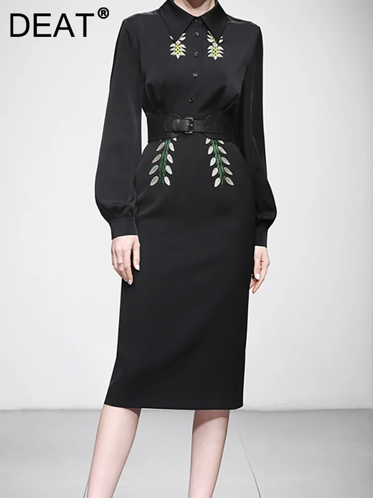 [DEAT] Women Evening Dress Lapel Long Sleeve Belt Waist Zipper Print Black Fashion Female Party Dresses Summer 2023 New 13DB1759