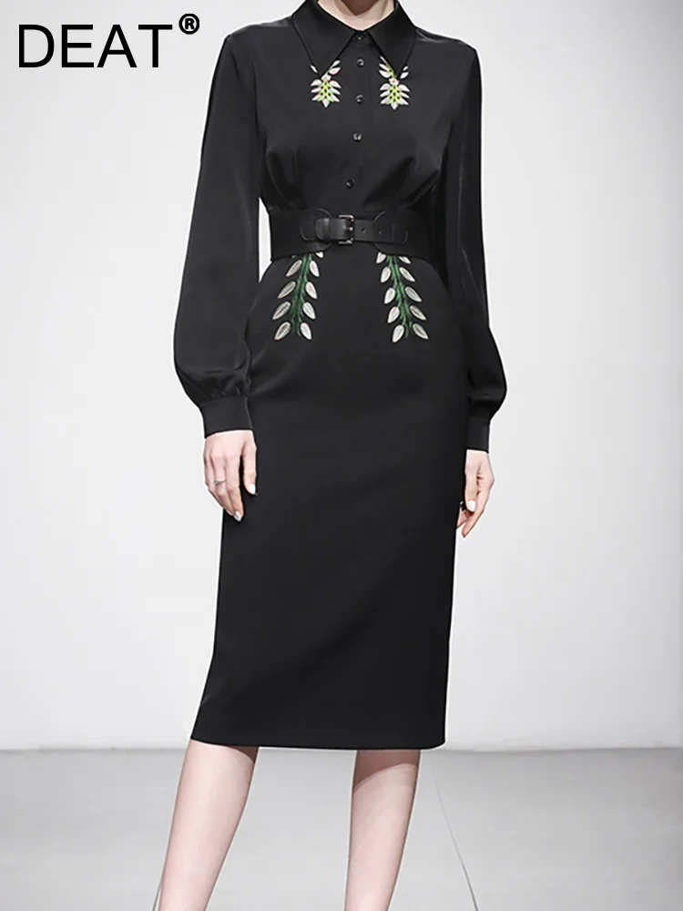 

[DEAT] Women Evening Dress Lapel Long Sleeve Belt Waist Zipper Print Black Fashion Female Party Dresses Summer 2023 New 13DB1759