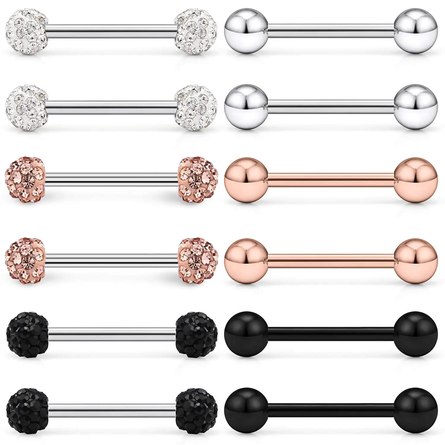 

12 Pieces Medical Steel Tongue Ring Nipple Barbell Ring Body Piercing Jewelry Kit Cartilage Spiral Metal Crystal Cubic Zirconia