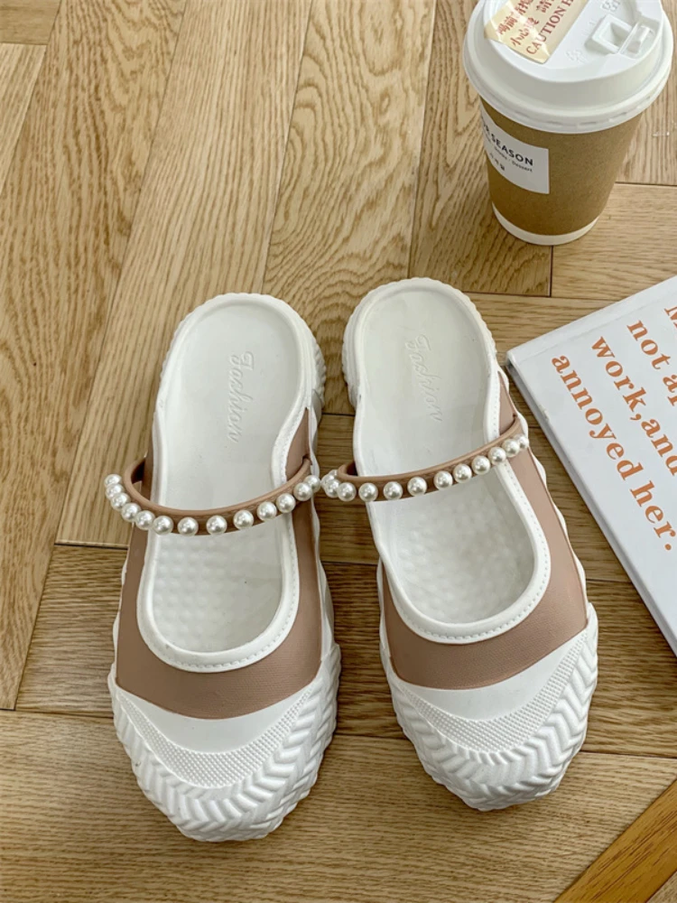 

Thick-soled Baotou Half-slippers Women's New Summer Korean Style Fashion Outer Wear Temperament Pearl Belt Word Sandals