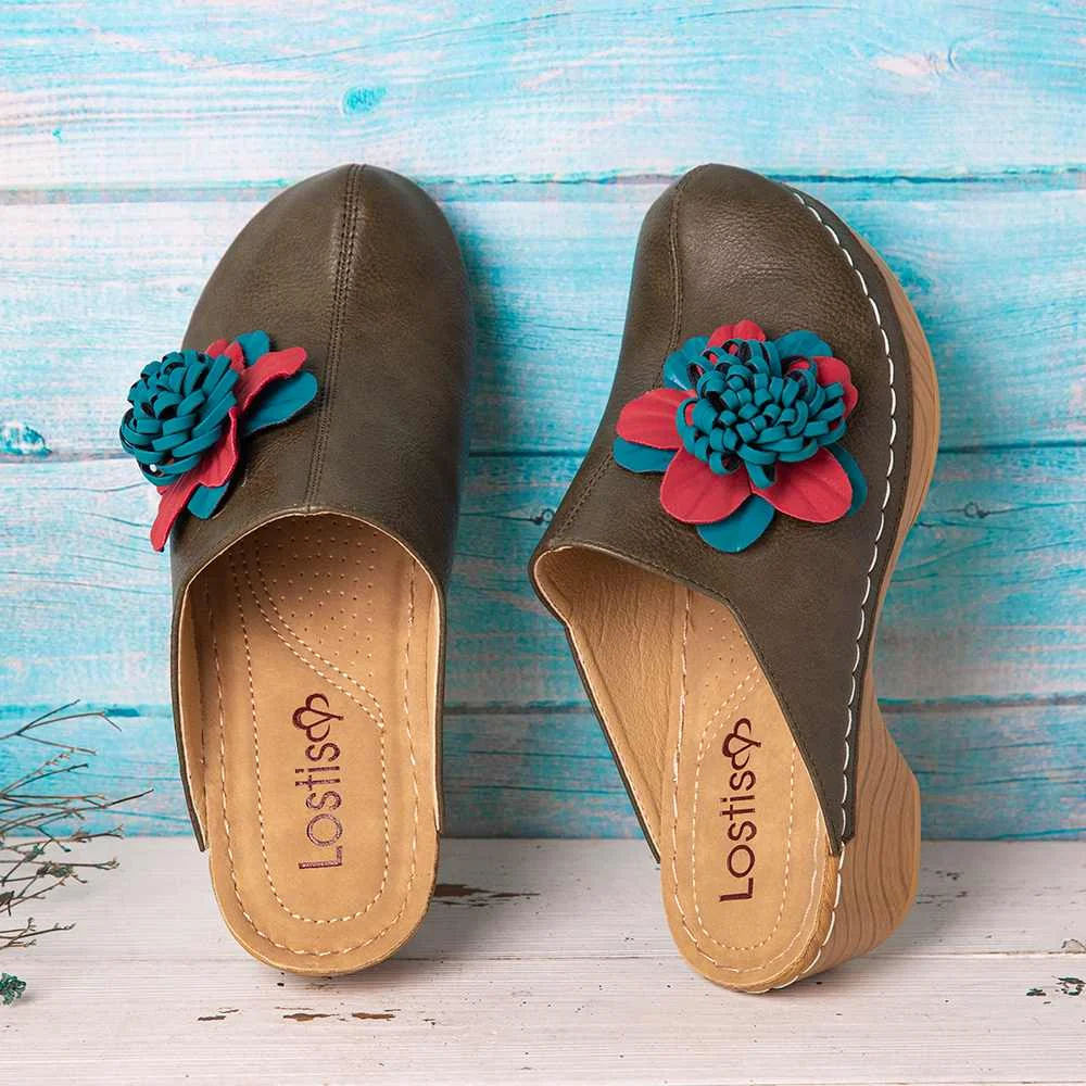 

2022 New Retro Sandals Flower Pattern Embroidery Slip On Wood Mules Clogs Comfy Low Heel Sandals For Easter Gifts Summer Spring