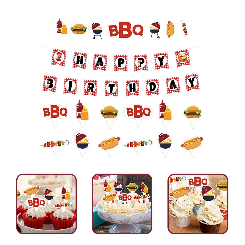 

1 Set Birthday Banner BBQ Theme Banner Cake Topper Barbecue Party Decoration