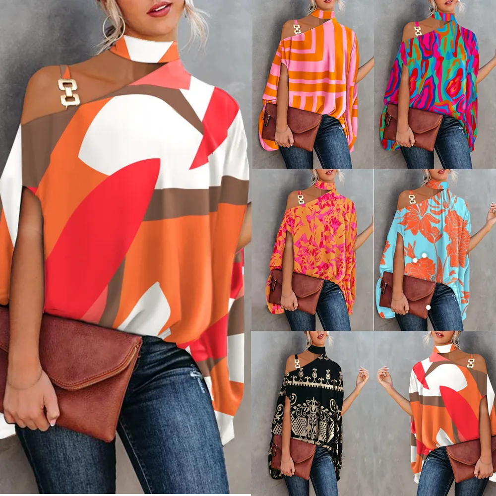 

2022 hot style summer halter neck dolman sleeve printed shirt women's shirt women's clothing