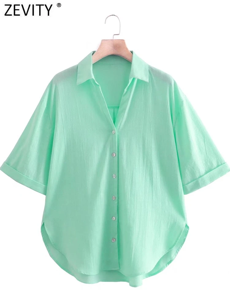 

Женская однотонная однобортная Свободная блузка Zevity для отдыха, офисное кимоно с коротким рукавом, рубашка, шикарные блузы, топы LS10214