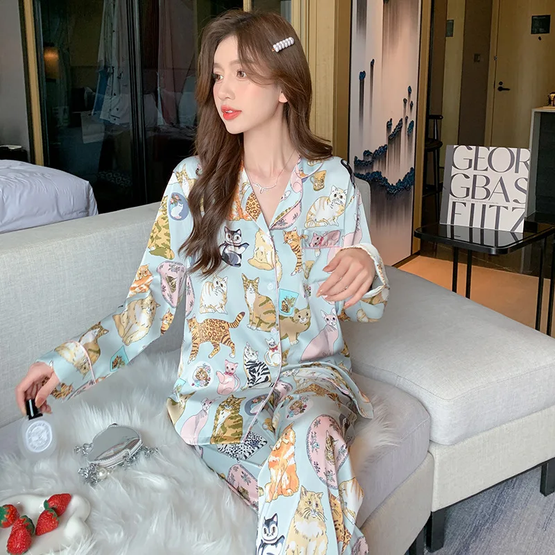 High Quality Women's Pajamas Set Luxury Pet Cats Pattern Sleepwear Silk Like Casual Homewear Cute Nightwear Femme Petite