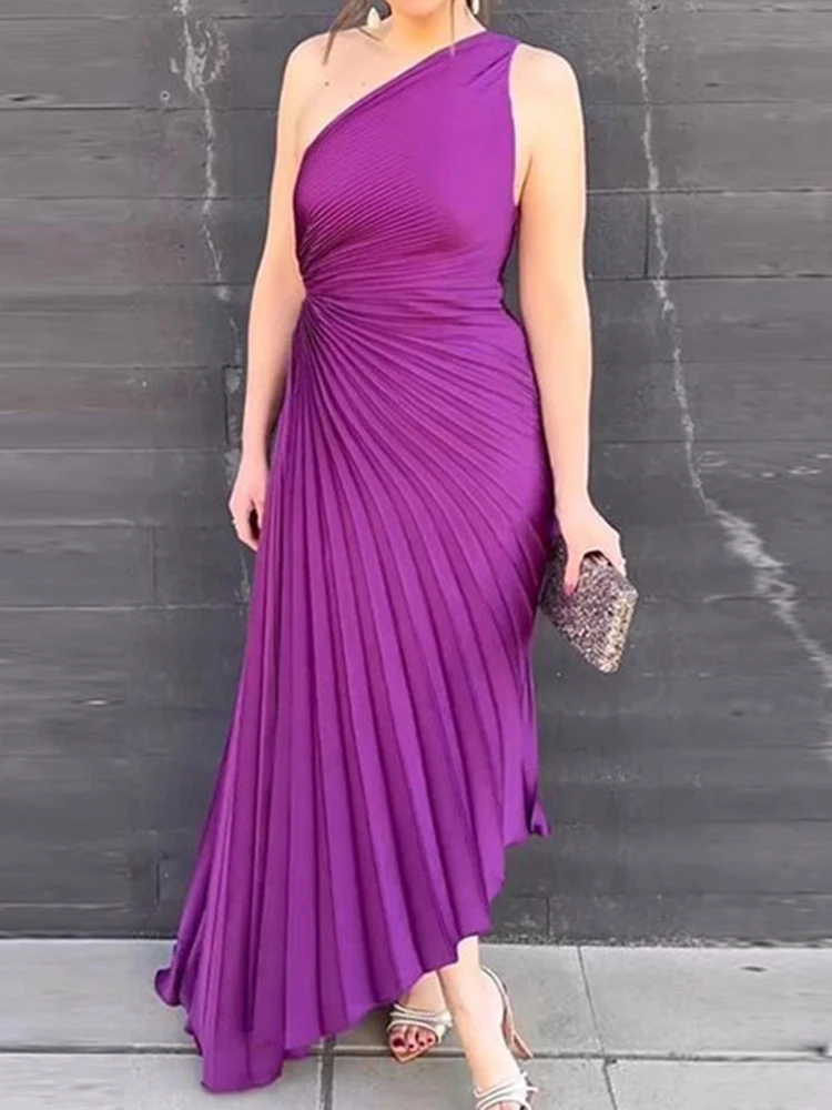 

Элегантное Плиссированное длинное платье, женское модное платье с открытыми плечами и широкими складками, ретро платье с пышным подолом, женское вечернее платье без рукавов с оборками