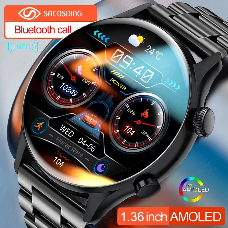 

Новинка, умные часы NFC с экраном AMOLED, спортивные часы с монитором сердечного ритма, водонепроницаемые мужские и женские умные часы с Bluetooth-вызовом для Android и IOS