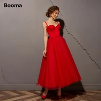 booma elegant red tulle midi prom dresses sweetheart spaghetti straps tea length a line party gowns short bridesmaid dresses