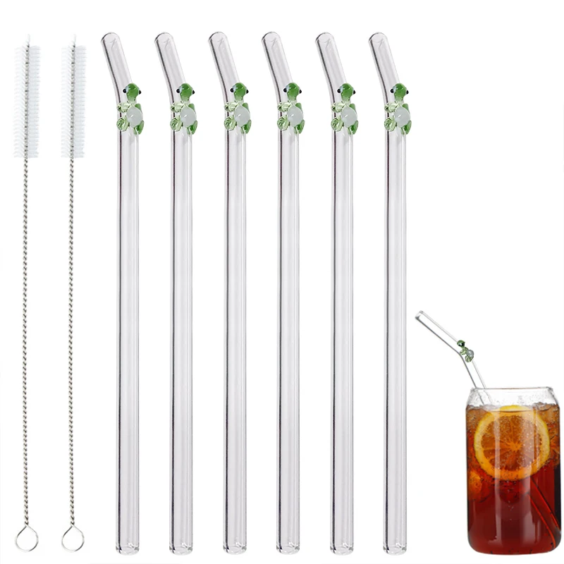 

8PCS/set Creative Flower Glass Straw Reusable Glass Drinking Straws Cleaner Brush Bent For Smoothies Juice Tea Straw