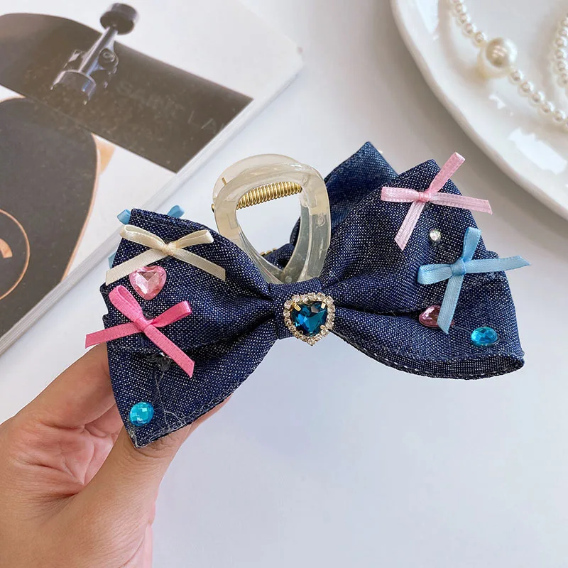 

Chic Crystal Love Heart Bow Denim Claw Clips for Thick Hair Women Headwear Hairpins Y2K Fashion Girls Hair Accessories
