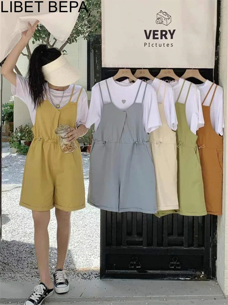 

2022 New Strap Fashion High Waist Drawstring Pants With T-Shirt Autumn Winter Women Vintage Jumpsuit & Romper Playsuits JS3409JM