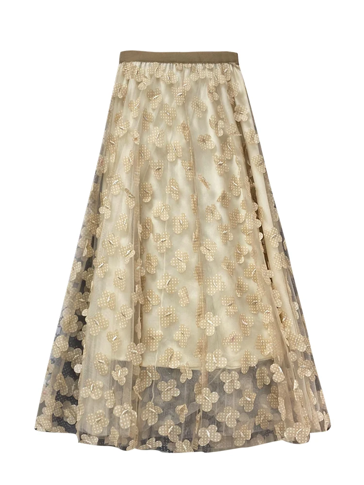 

Korean Fashion Loose A-line Midi Skirt Woman Butterfly Mesh Elastic High Waist Long Skirts Female Women Clothing Dropshipping