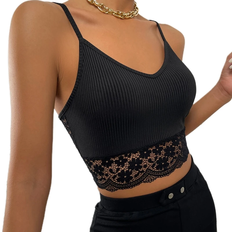 

573C Women Sexy Spaghetti Strap Ribbed Knit Camisole Deep V-Neck Backless Sleeveless Crop Top Contrast Floral Lace Sling Vest