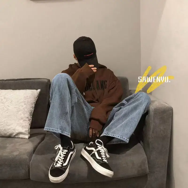 Men's Loose Straight Pants Baggy Homme Wash Jeans Fashion Black/blue Color Casual Pants Biker Denim Trousers Size S-3XL