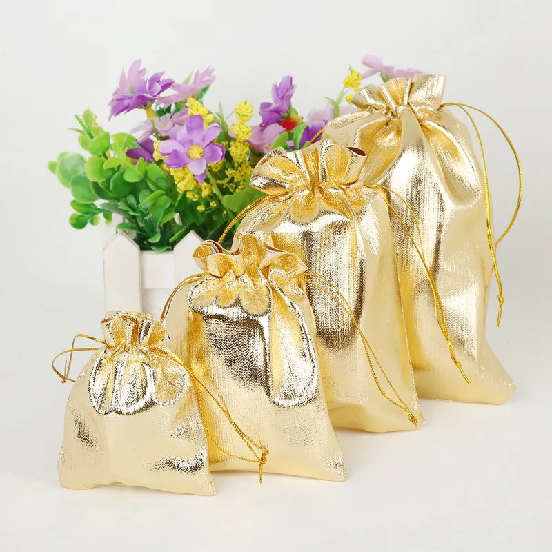 

50pcs/lot 7x9 9x12 10x15cm Adjustable Jewelry Packing Fabric Bag Gold Colors Drawstring Wedding Storage Pouches