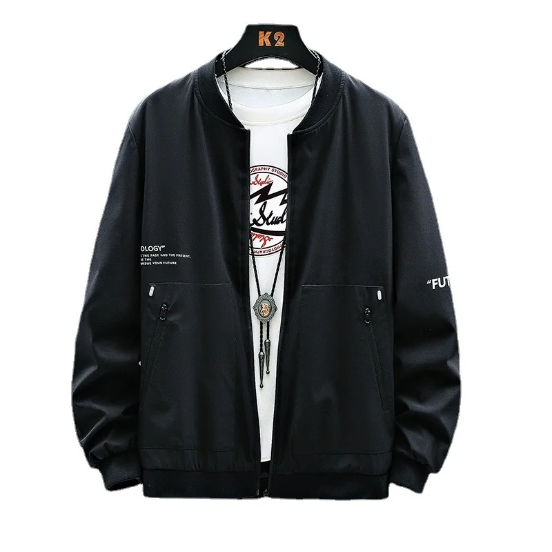 

Jacket Men Fashion Casual Windbreaker Coat PU Spring and Autumn New Hot Outwear Stand Slim Military Embroidery