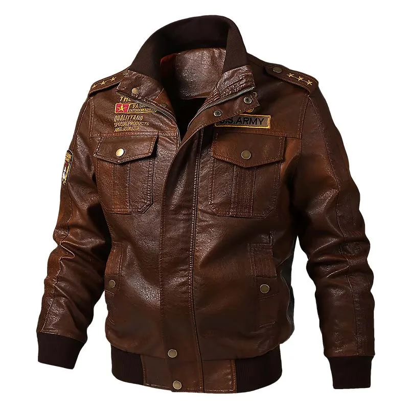 

Men's Faux Leather Bomber Jackets Letter Embroidery Motorcycle Pu Leather Jackets Outwear For Male Plus Size M-6XL