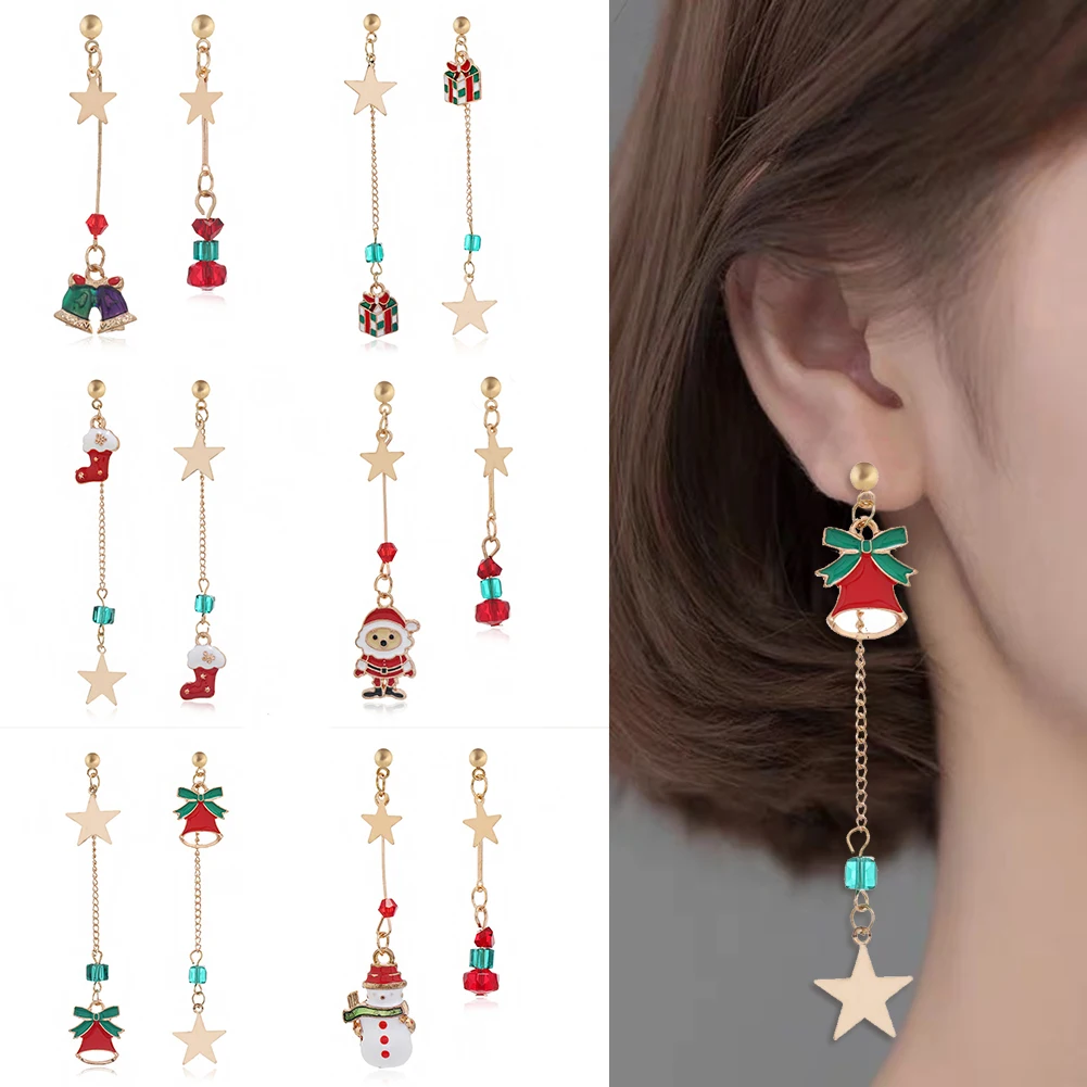 

Fashion Christmas Tree Snowflake Earring For Women Santa Claus Bowknot Red Ball Asymmetric Tassel Earring New Year Festival Gift