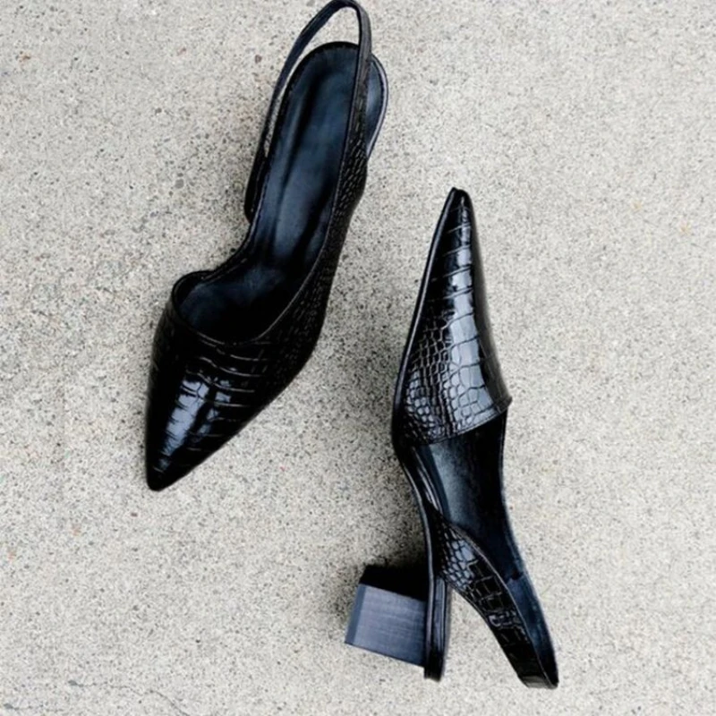 

Bright Leather Vintage Pointed Toe Women Shoes Pumps Spring Summer Party Dancing Slingback Heel Sandals Sandalias De Mujer