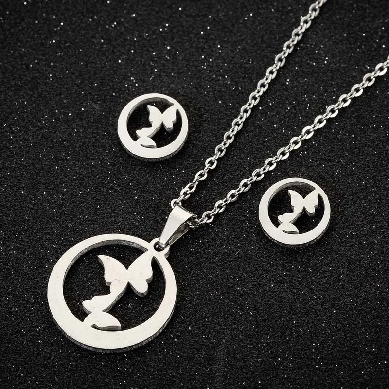

TULX Stainless Steel Necklace Earrings Jewelry Set Elegant Butterfly Pendant Chain Collar Necklace For Women Jewelry