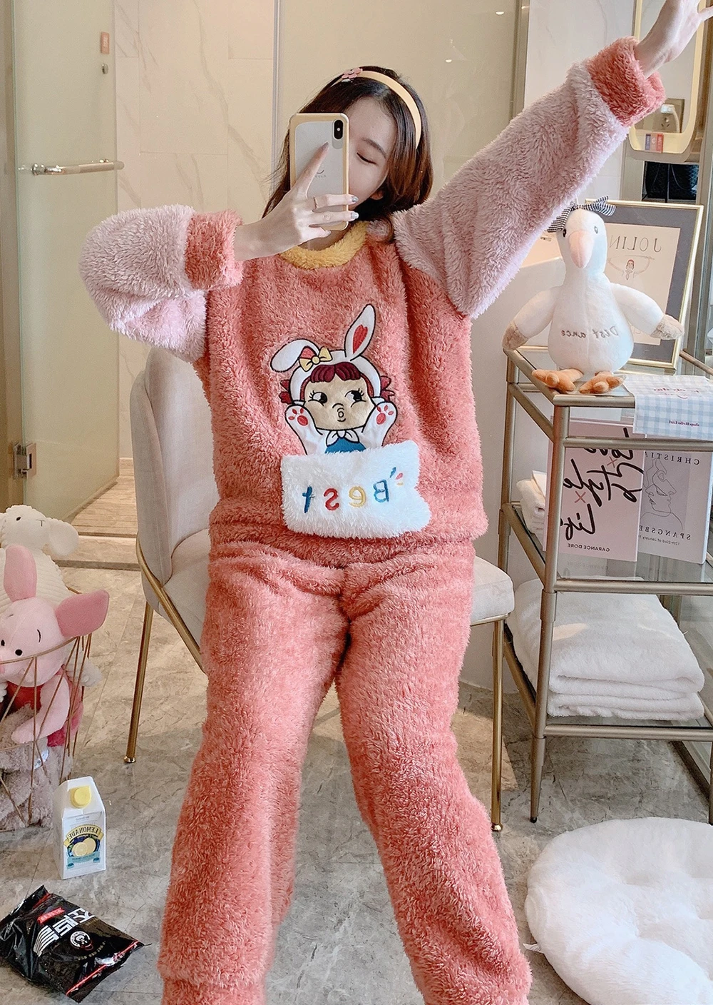 Women's Winter Warm Flannel Pyjamas Suit Thick Coral Velvet Long Sleeve Cartoon Sleepwear Fleece Lovely Girls Pajamas Set 2PCS