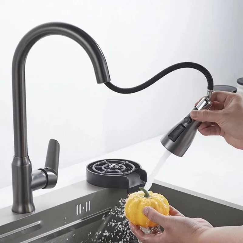

Grey Kitchen Faucet Single Hole Pull Out Spout Kitchen Sink Mixer Tap Stream Sprayer Head Chrome/Black Mixer Tap