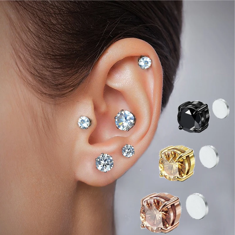 

1 Pcs Rhinestone Stainless Steel Magnet No Piercing Ear Studs Earrings for Woman Man Girls Daily Party Wedding Jewelry Gifts