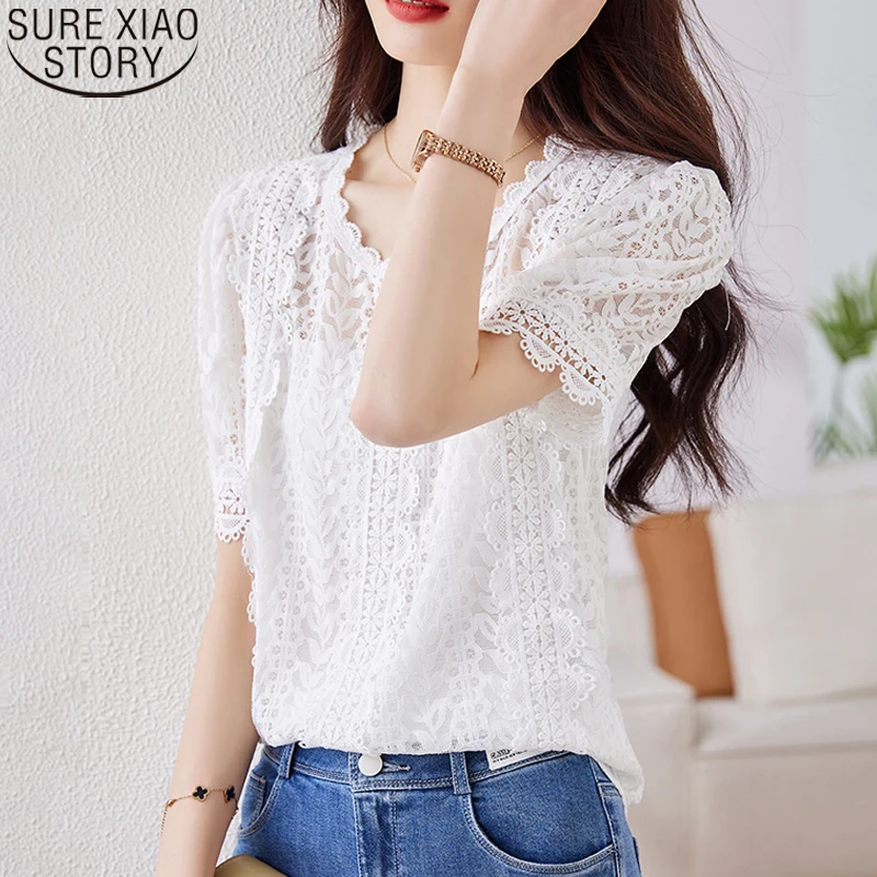 

Puff Sleeve Shirt Sweet White Lace Blouse Summer Short Sleeve New French Style Chic O-neck Women Clothing Casual Blusas 21826
