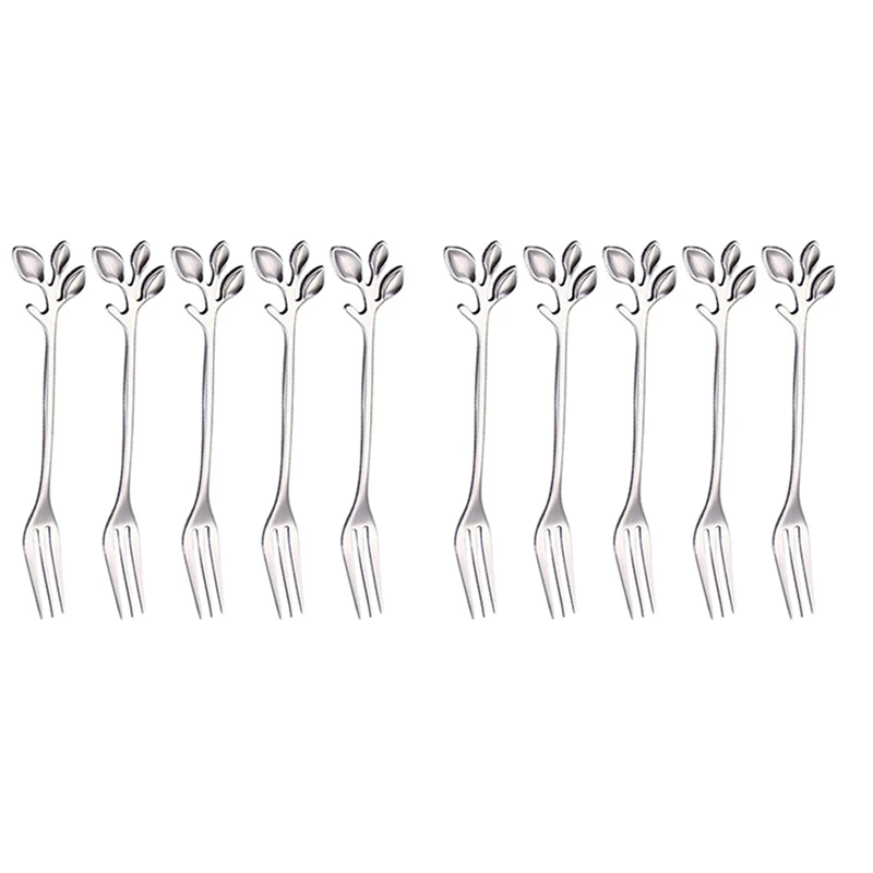 

Stainless Steel Fork, Leaf-Shaped Handle Dessert Fork Fruit Salad Meat Kitchen Accessories. Silver 10 Items