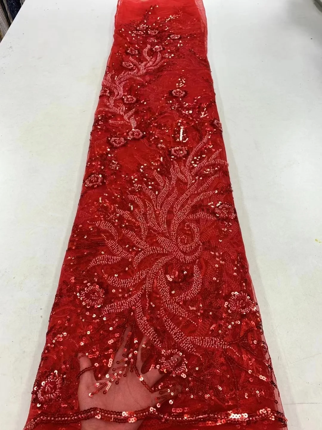

RED African Lace Fabric 2023 High Quality French Mesh Lace Fabric Nigerian Tulle Sequins Beads Lace Fabric For Party Dress