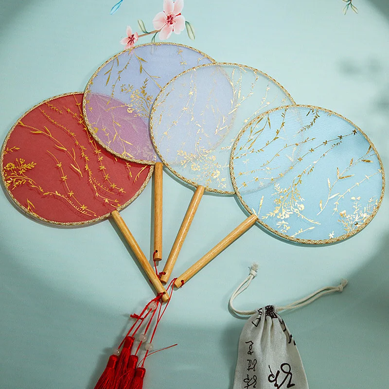 

1PC Printing Ancient Costume Chinese Style Long Handle Tassel Circular Silk Fan Vintage High Quality Wedding Party Accessories