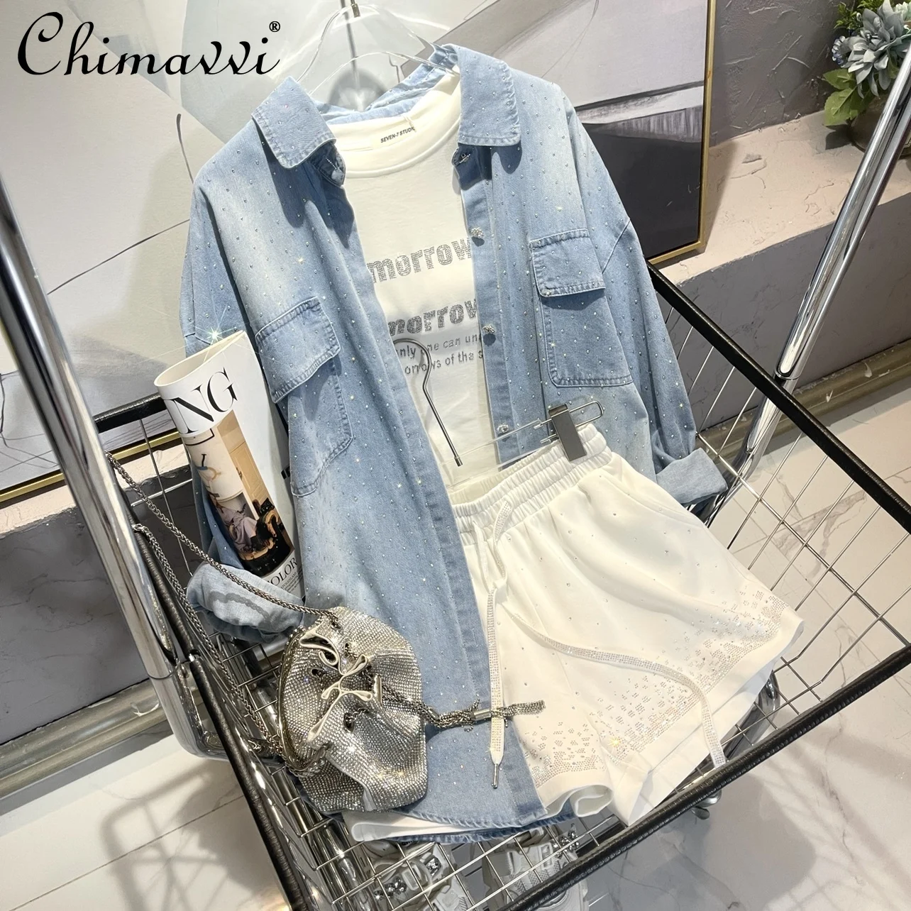 Женская джинсовая рубашка со стразами Повседневная мешковатая блузка большого