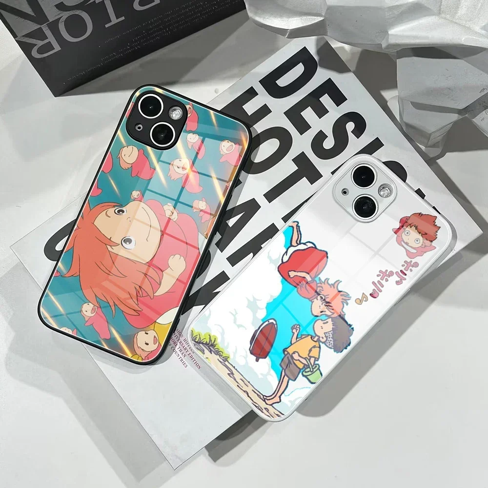 

For IPhone 15 Pro Luxury Ins Hayao Miyazaki ponyo Cartoon Phone Case Glass 13 11 12 XR XS MAX 7/8 X 14 Plus 12 Mini Color Cover