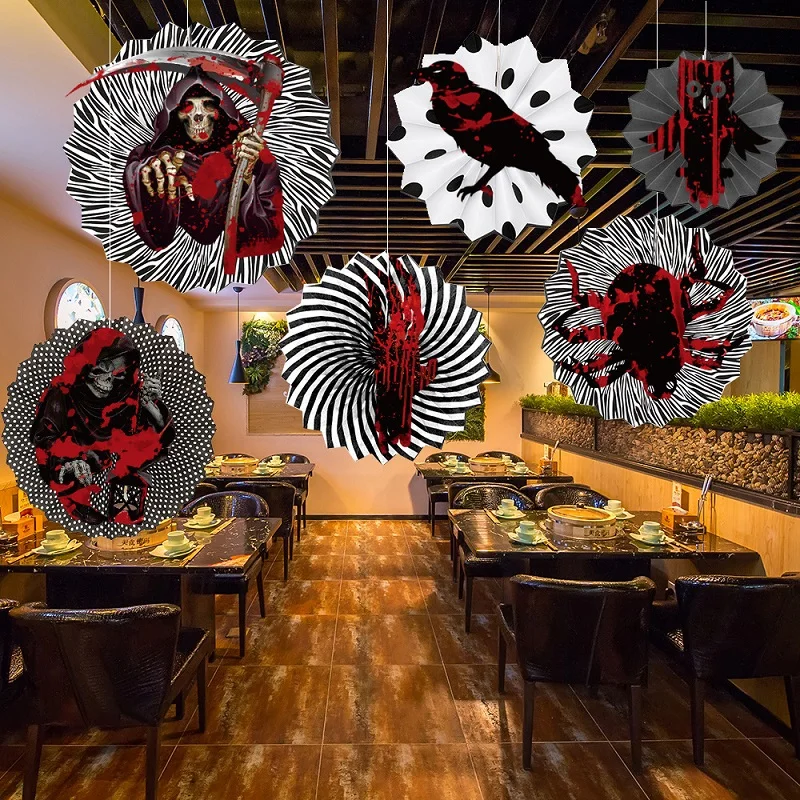 

Halloween Paper Fans Garland Bunting Witch Bloody Hand Spider Bat Paper Fan Hanging Flower Crafts for Halloween Party Decoration
