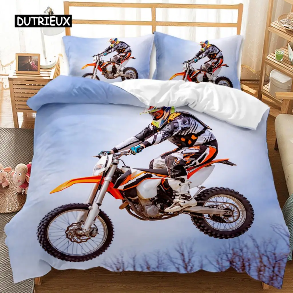 Motorbike Duvet Cover Set Motocross Rider Racing Motorcycle Dirt Bike Bedding Vehicles Extreme Sports Polyester Quilt