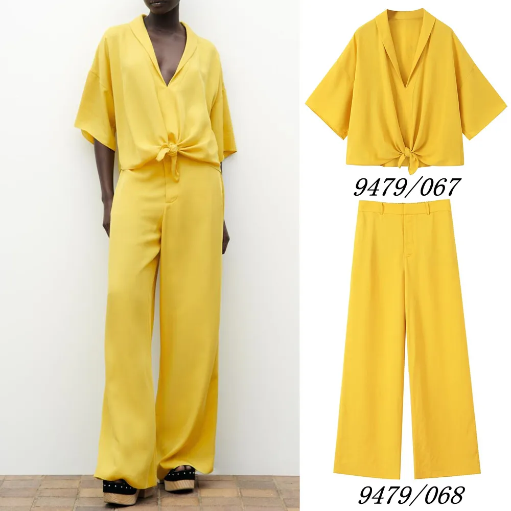 

Весенняя новая женская одежда UNIZERA, однотонная простая короткая рубашка с узлом + свободные прямые брюки с подвесками, комплект из двух пред...