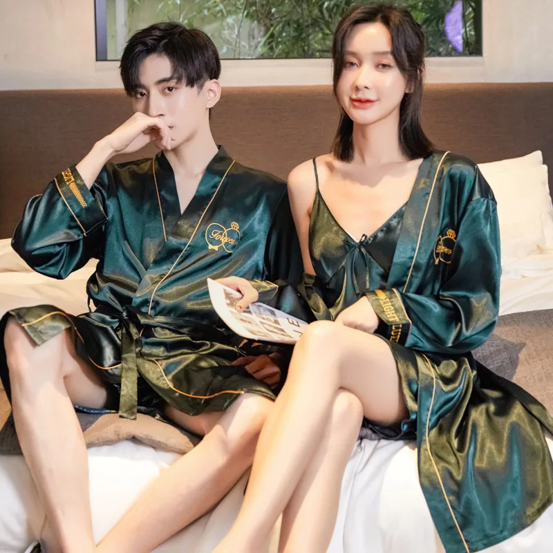 Spring and Summer New Silk Couple Pajamas Men's Pajamas Shorts Women's Hanging Skirt Bathrobe Two-piece Large Size Robe