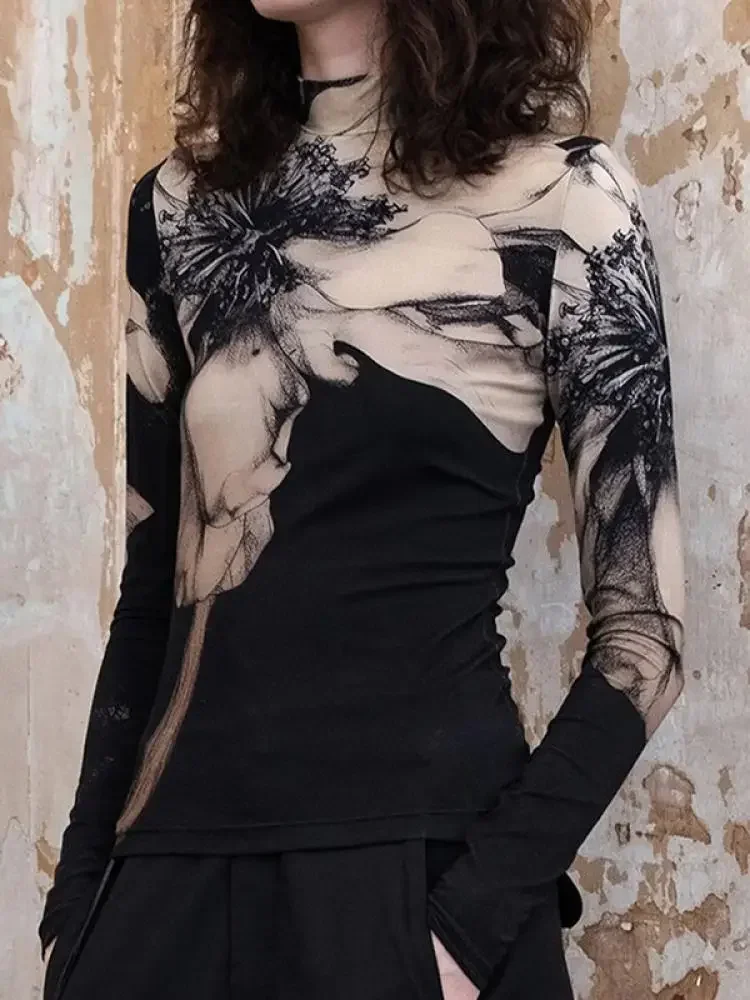 Женский топ с длинным рукавом и ложным воротником цветочным принтом