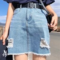 summer high waist ripped jeans women fashion slim a line denim skirts black plus size casual all match skirts blue streetwear
