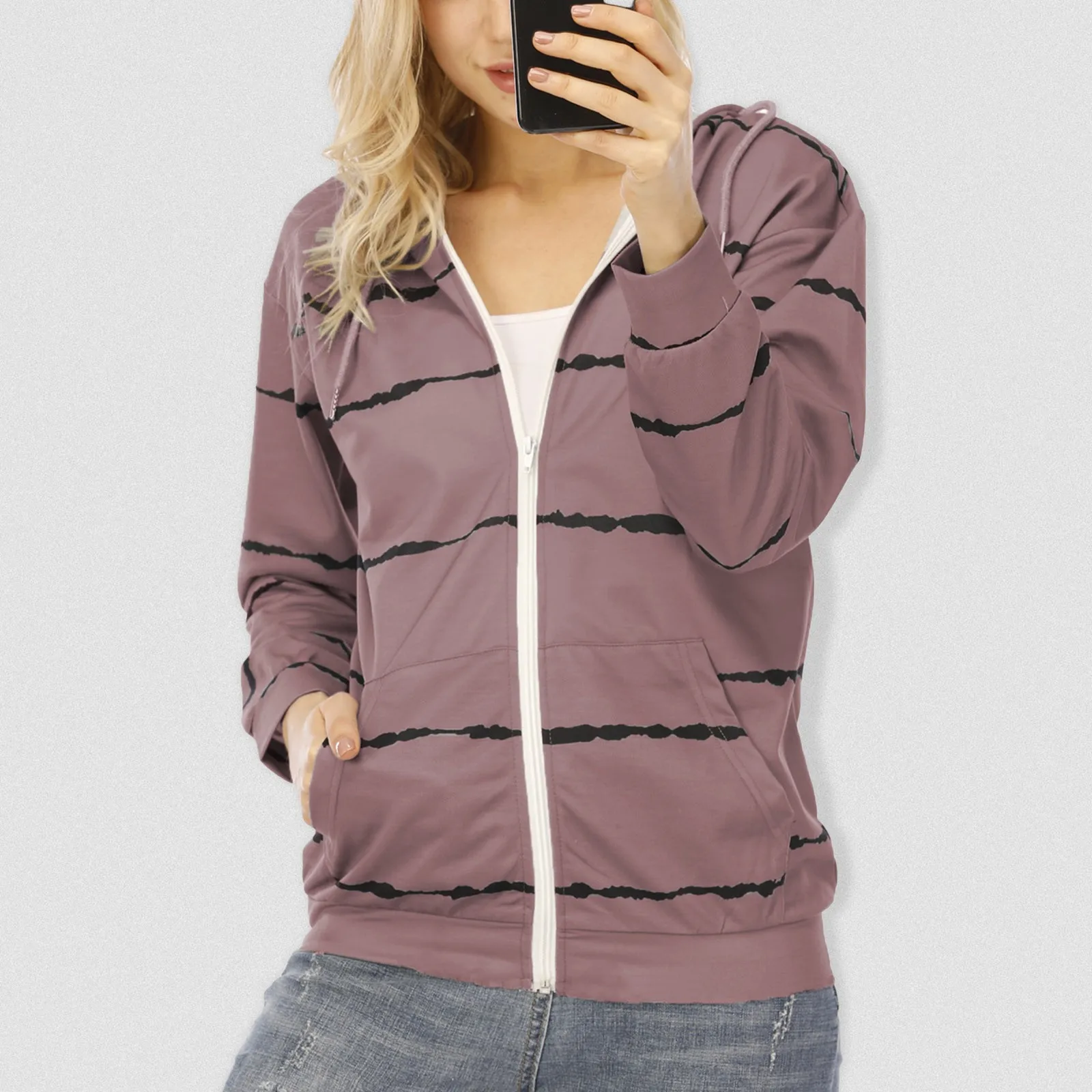 

Women's Full Zip Hooded Sweatshirt With Pockets And Drawstring Striped Design Long Zippe Sweatshirts Women