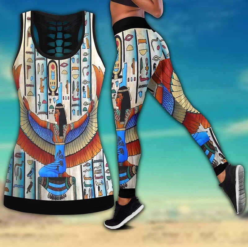 

Egyptian Ancient Queen Pattern Combo Hollow Tanktop + Legging Yoga Pants Plus Size Casual High Waist Sport Pants Leggings