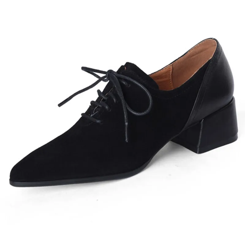 

, 2023New Genuine Leather Oxford Shoes Solid Shoes Woman Basic Thick Med Heels Single Shoes Narrow Band Ladies Dress Pumps