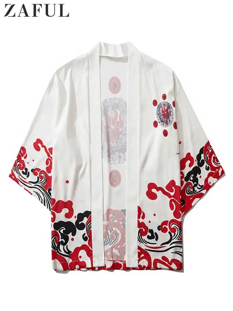 

ZAFUL Men's Shirt Open Front Short Sleeve Shirt for Men Japanese Style Kimono Cardigan Oriental Printed Blouse camisa masculina