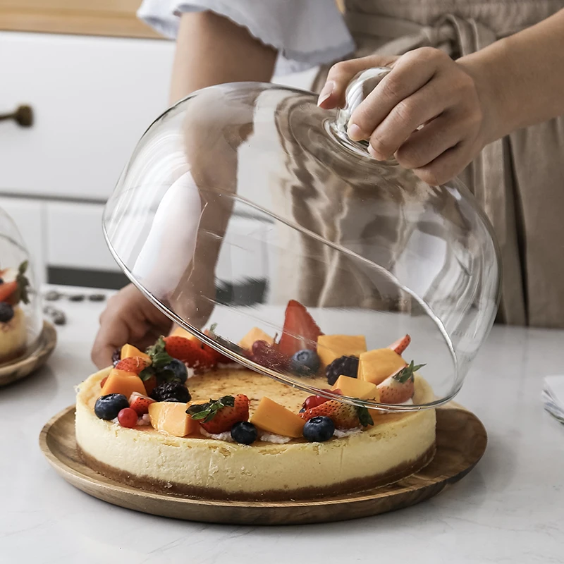 

European Style Solid Wood Cake Tray Dustproof Glass Cover Kitchen Pastry Fruit Plate Party Table Display Tray Home Decoration