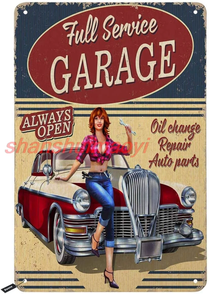 Оловянные знаки Swono Full Service Garage розовая девушка с автомобилем и буквенным маслом