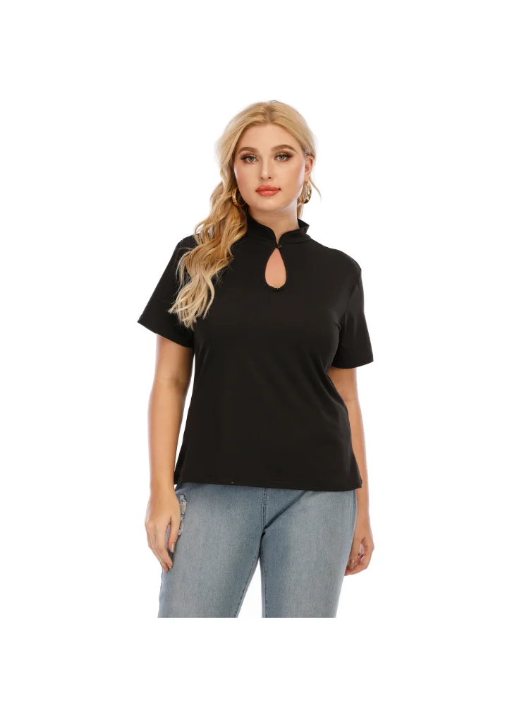 Half high collar, one button, short sleeved casual slim fitting T-shirt top plus size women clothing
