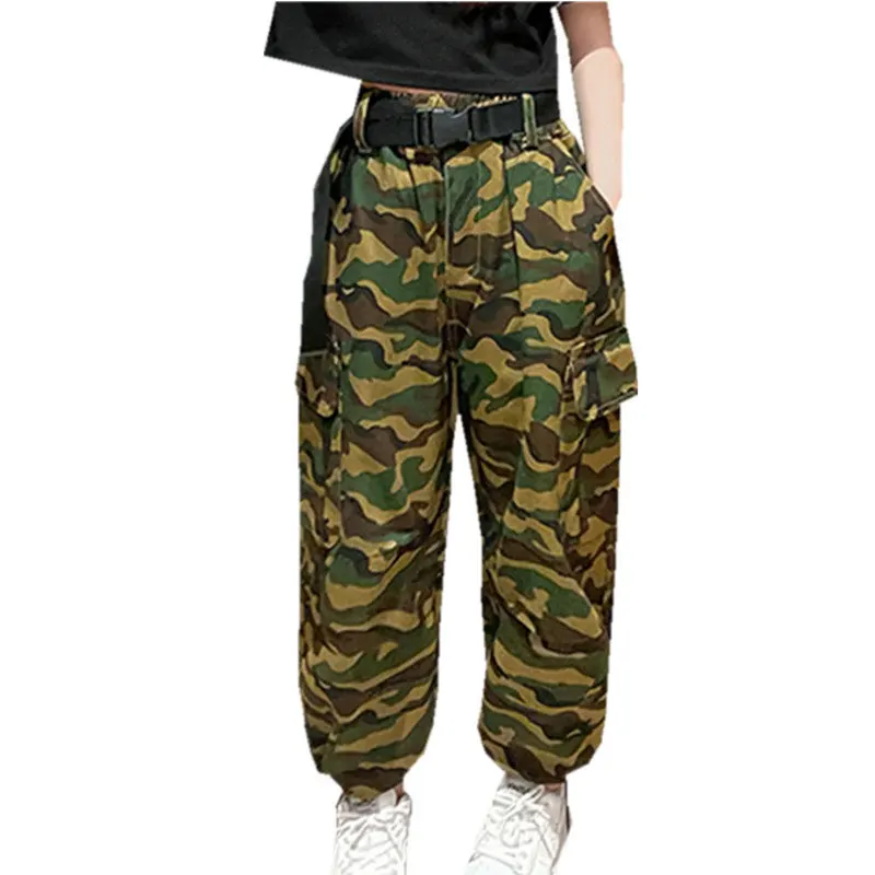 Young Girls New Arrivals Camo Cargo Pants With Belt Four Seasons High Quality Camouflage Pattern Loose Trousers Kids 5-14Years